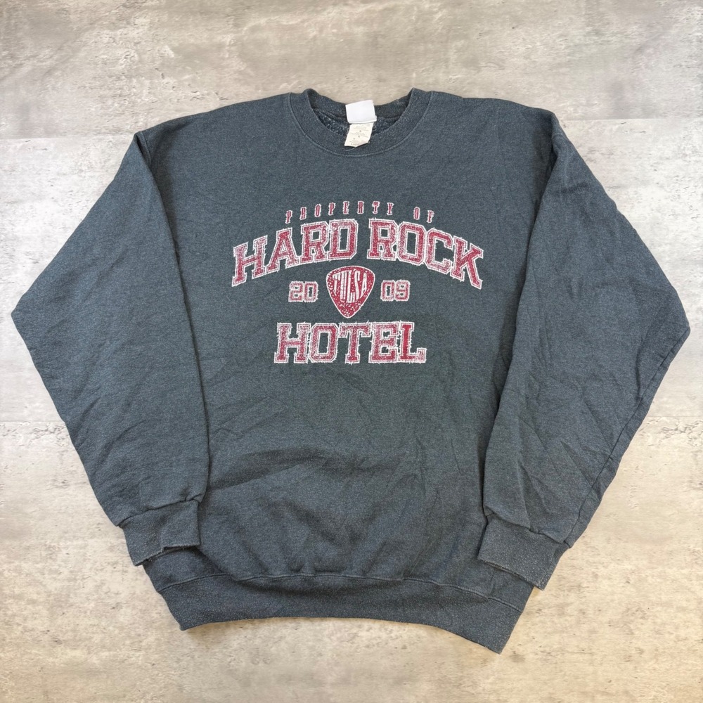 Hard Rock Hotel Tulsa Crewneck Sweatshirt Gray Graphic Pullover Mens Large 2009